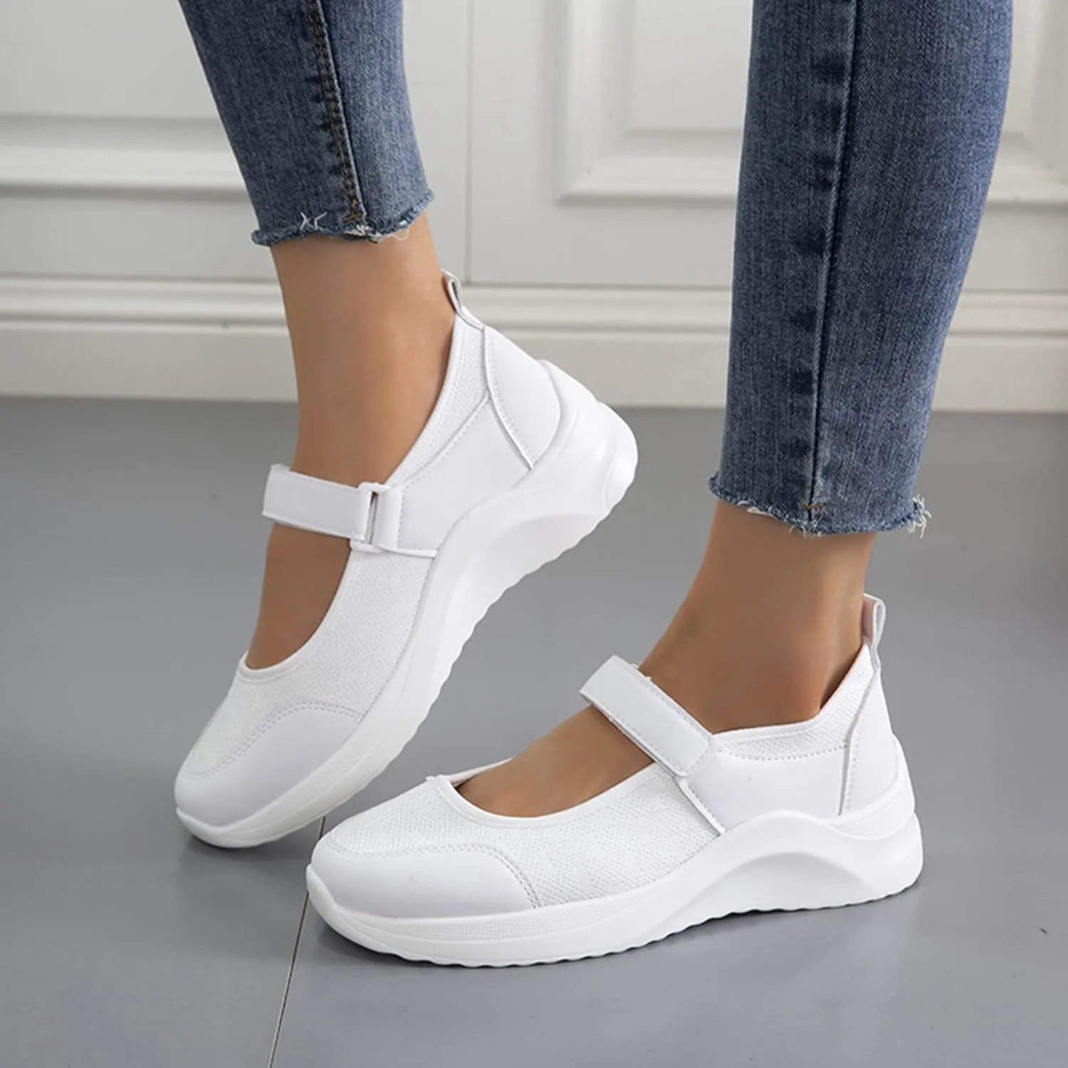 Women's Mary Jane Flats Lightweight Slip on Sneaker Breathable Sandal Summer Mesh Walking Shoes Athletic Outdoor Hiking Sandals,White,US4/EU35