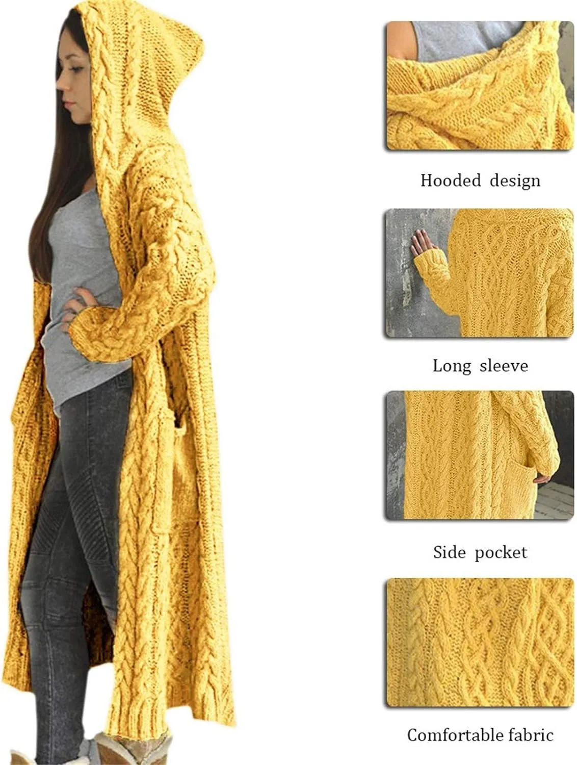 Womens Open Front Cable Knit Long Cardigan Long Sleeve Casual Hooded Outwear 2023 Fall Winter Sweater