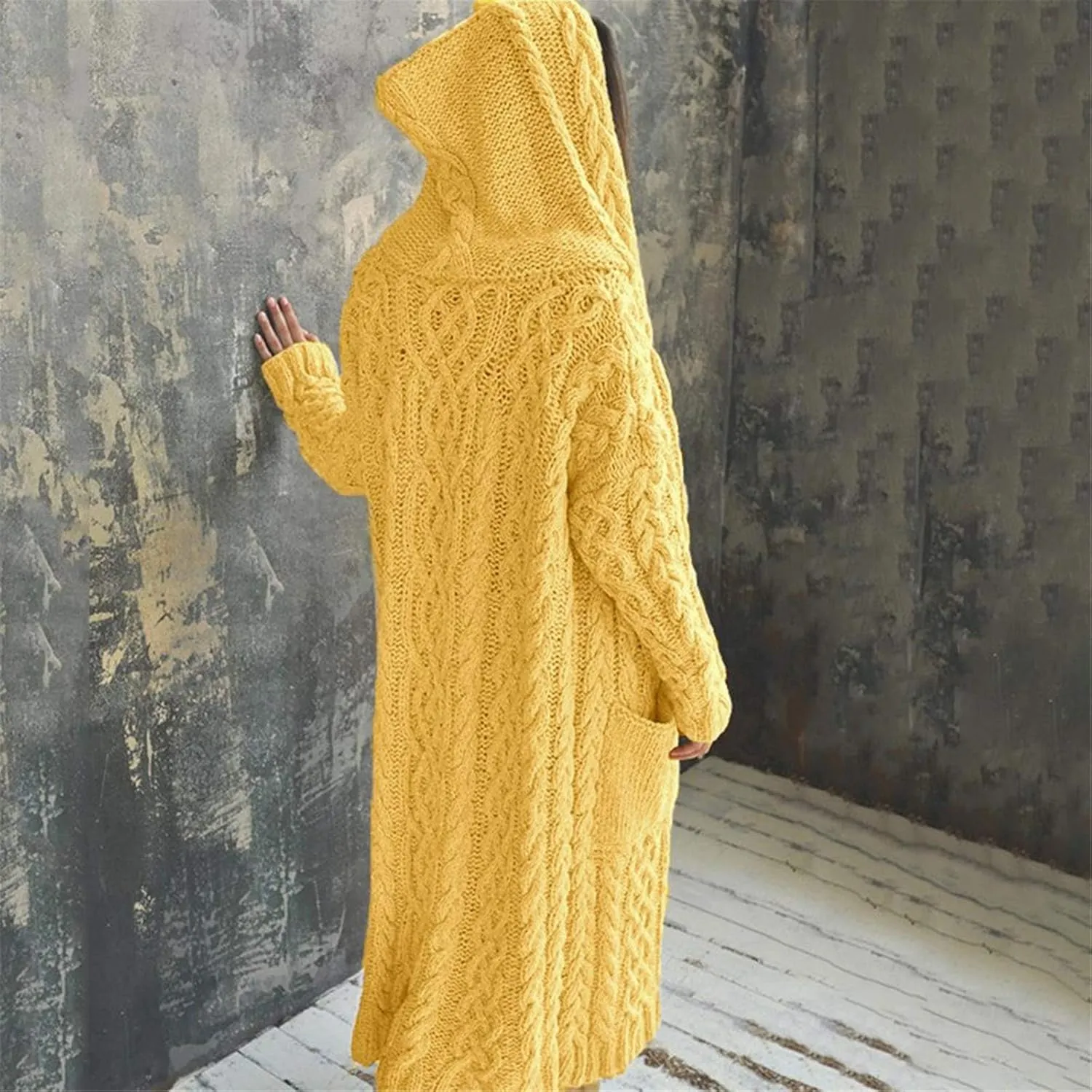 Womens Open Front Cable Knit Long Cardigan Long Sleeve Casual Hooded Outwear 2023 Fall Winter Sweater
