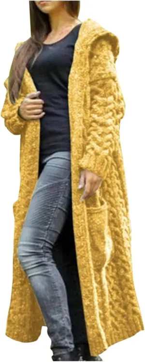 Womens Open Front Cable Knit Long Cardigan Long Sleeve Casual Hooded Outwear 2023 Fall Winter Sweater
