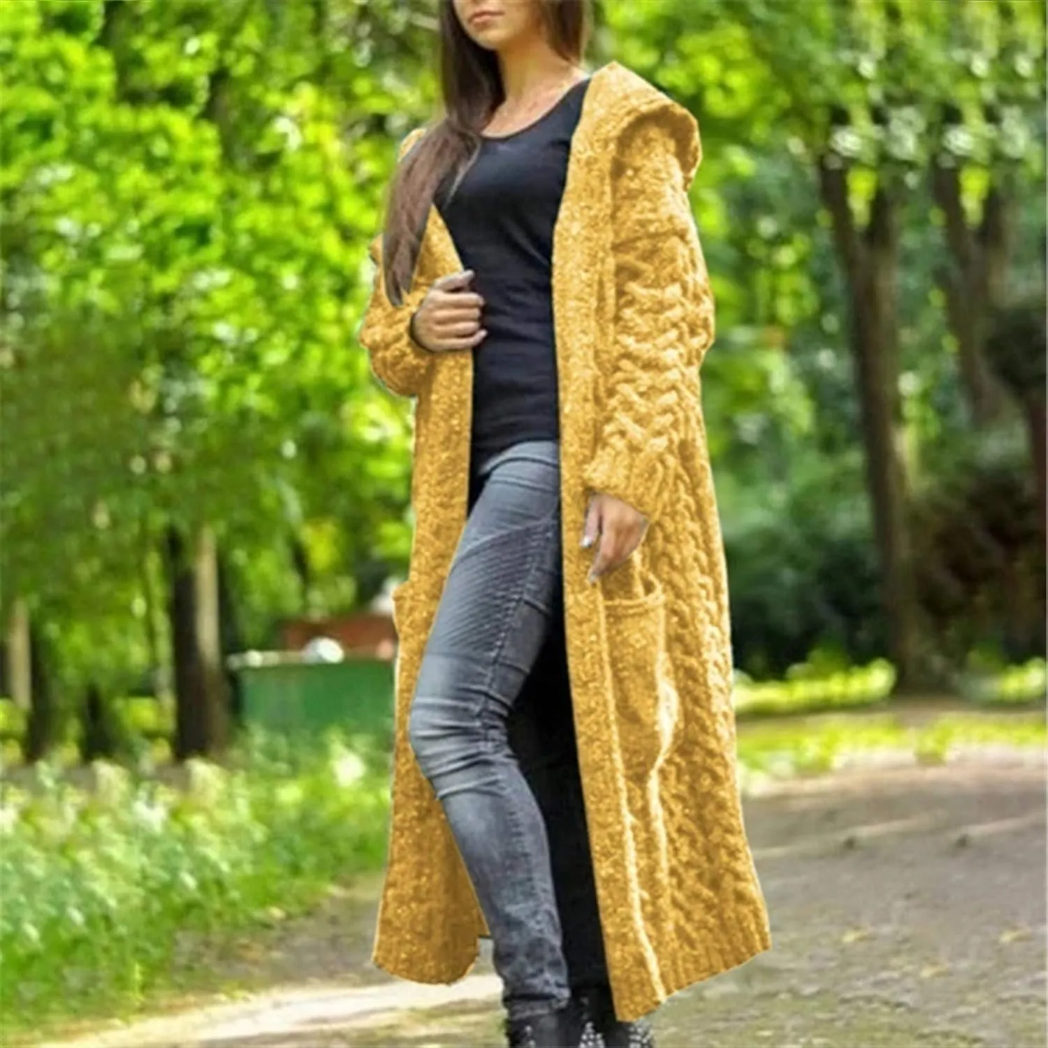 Womens Open Front Cable Knit Long Cardigan Long Sleeve Casual Hooded Outwear 2023 Fall Winter Sweater