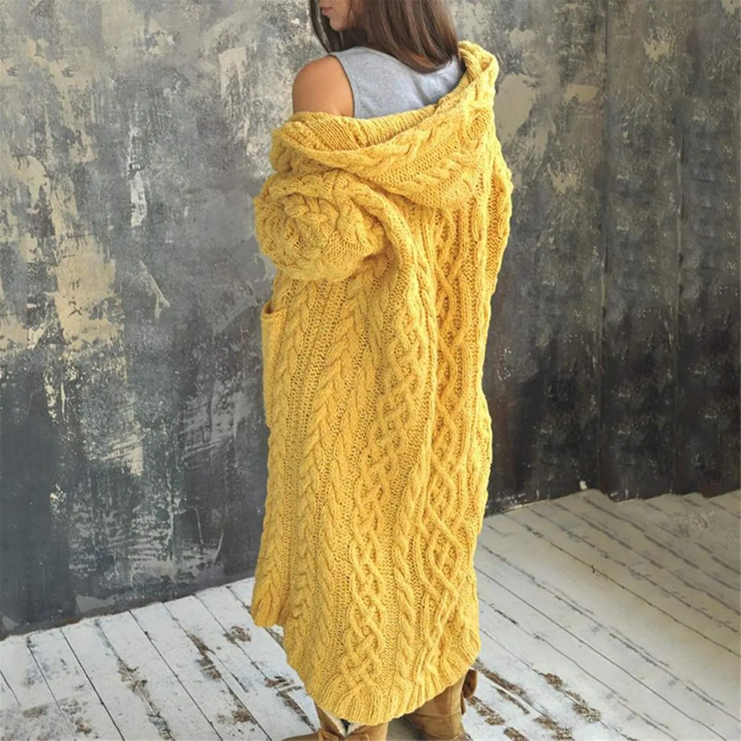 Womens Open Front Cable Knit Long Cardigan Long Sleeve Casual Hooded Outwear 2023 Fall Winter Sweater