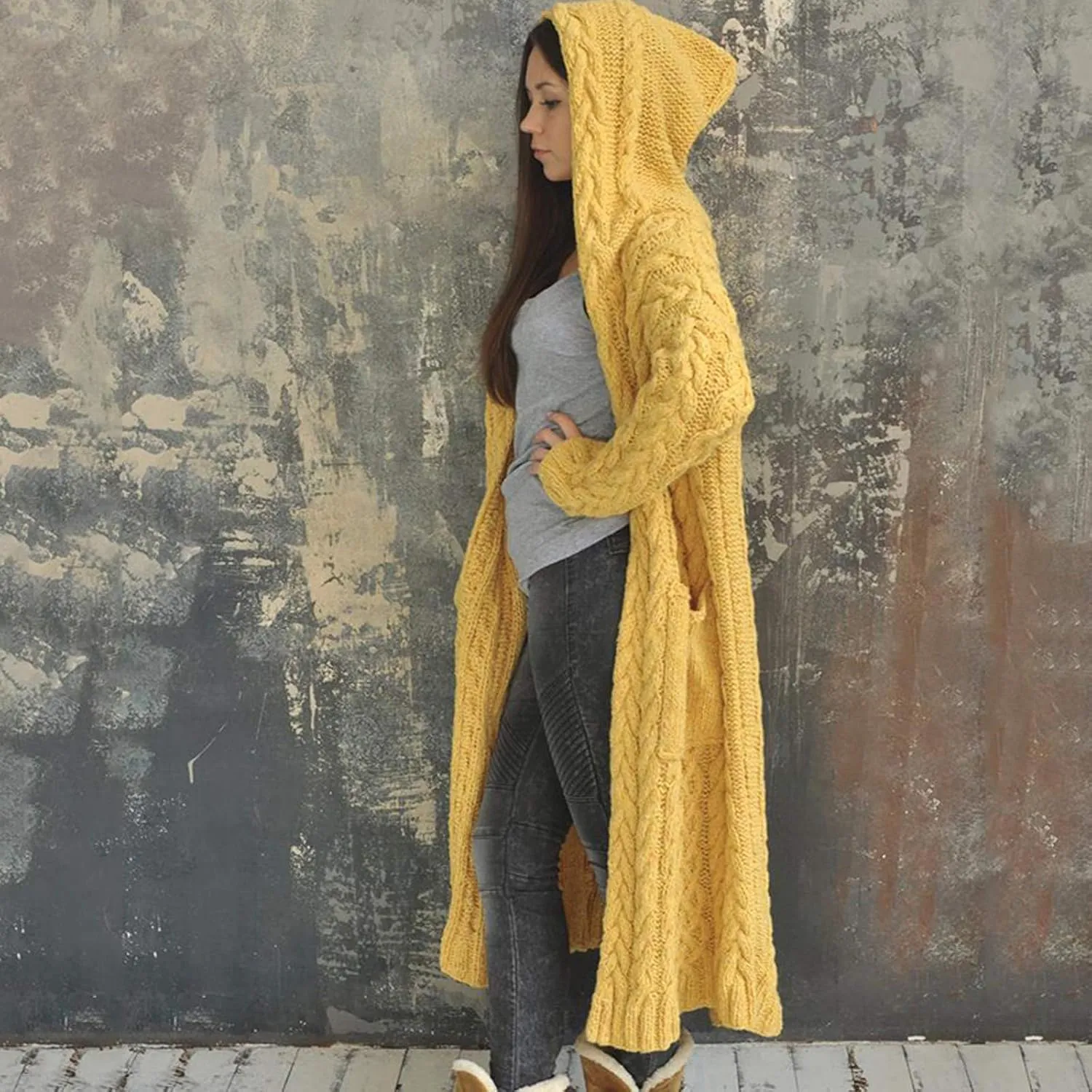 Womens Open Front Cable Knit Long Cardigan Long Sleeve Casual Hooded Outwear 2023 Fall Winter Sweater