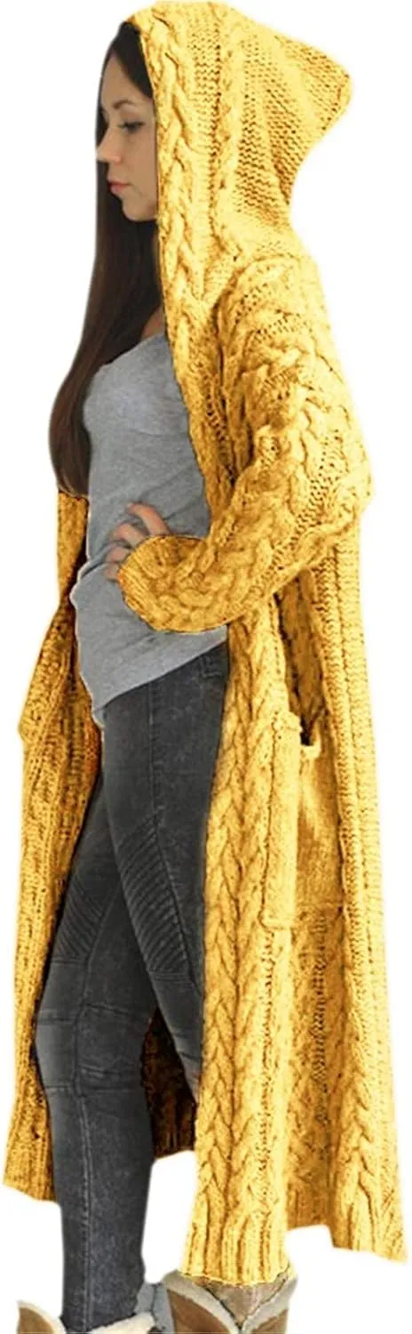 Womens Open Front Cable Knit Long Cardigan Long Sleeve Casual Hooded Outwear 2023 Fall Winter Sweater