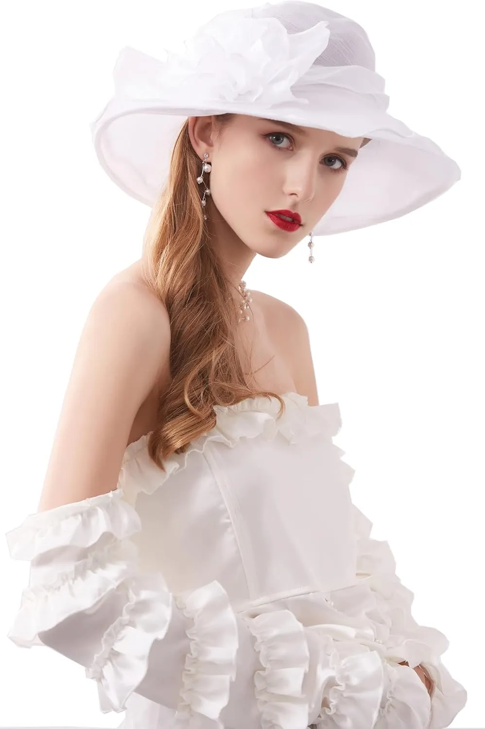 Women’s Organza Church Tea Party Wedding Fascinator Hat UV-Anti Wide Brim Sun Hats