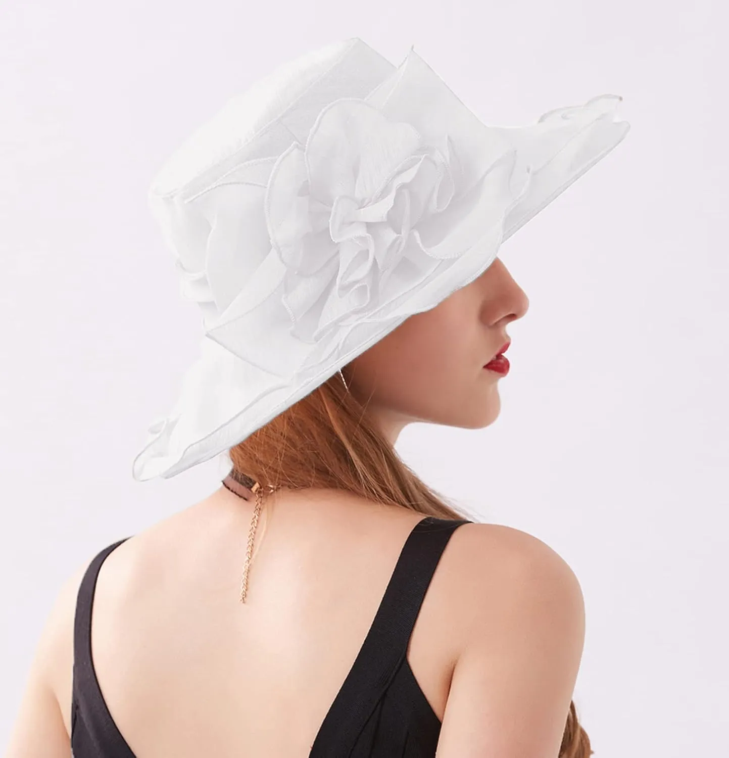 Women’s Organza Church Tea Party Wedding Fascinator Hat UV-Anti Wide Brim Sun Hats