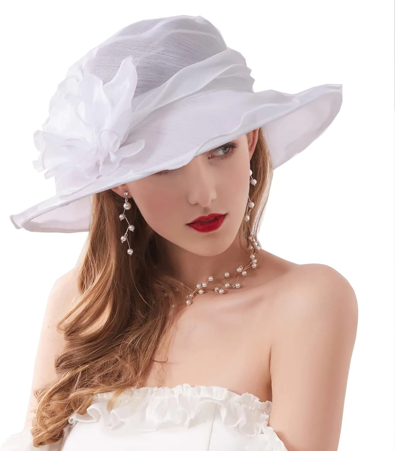 Women’s Organza Church Tea Party Wedding Fascinator Hat UV-Anti Wide Brim Sun Hats