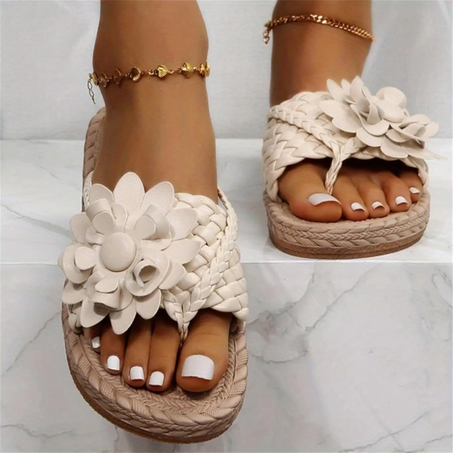 Women's Orthopedic Flower Flat Flip Flops 3D Stereoscopic Floral Design Shoes Flower Decor Weave Detail Toe Post