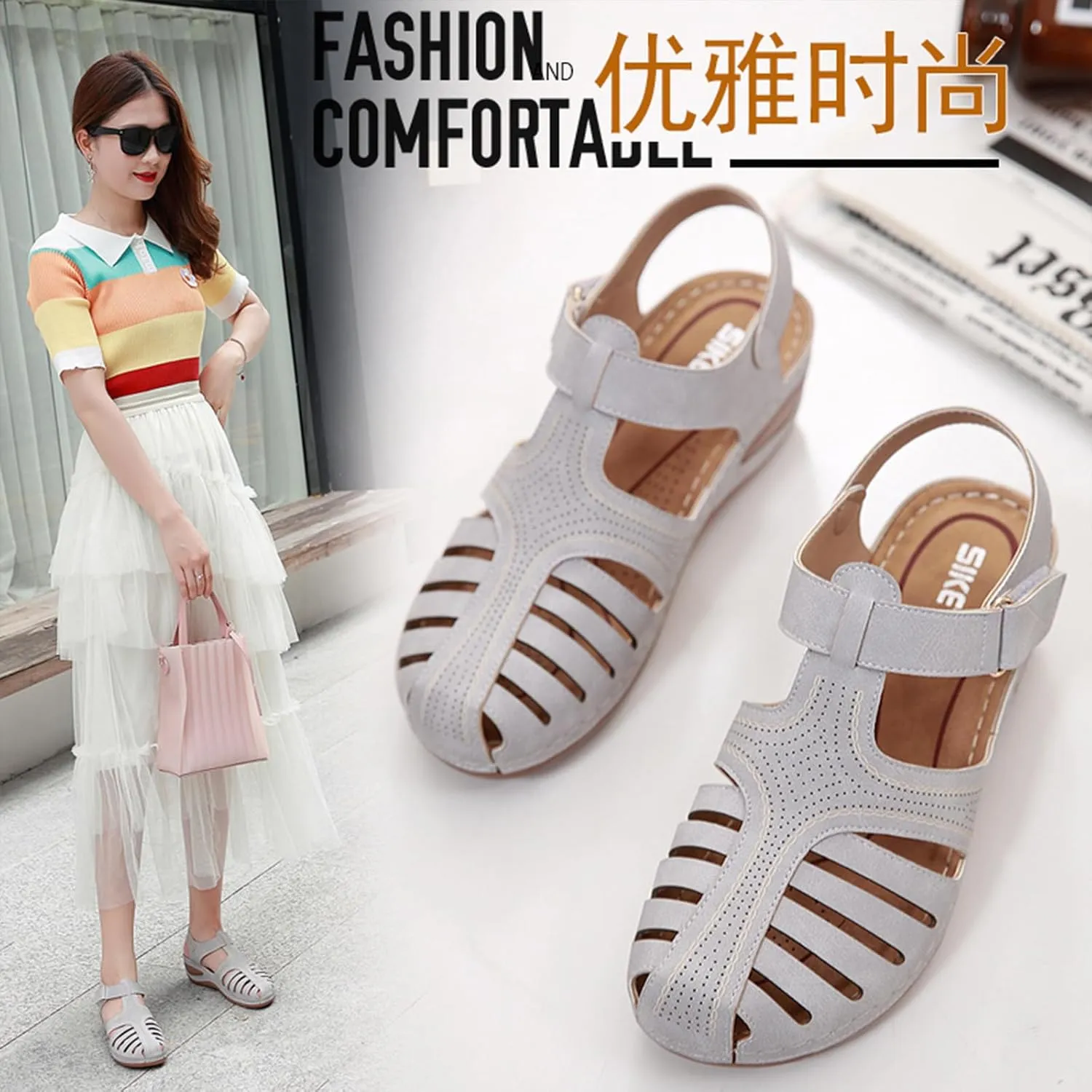Women's Retro Gladiator Wedge Sandals - Closed Round Toe Hollow Platform Sandals with Ankle Strap Anti-Slip Sole | Comfortable Bohemian Style for Casual Outdoor Wear