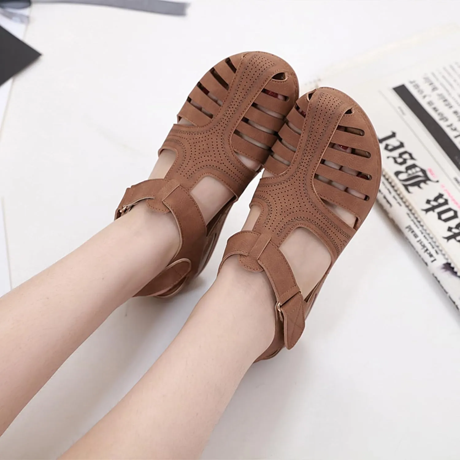Women's Retro Gladiator Wedge Sandals - Closed Round Toe Hollow Platform Sandals with Ankle Strap Anti-Slip Sole | Comfortable Bohemian Style for Casual Outdoor Wear