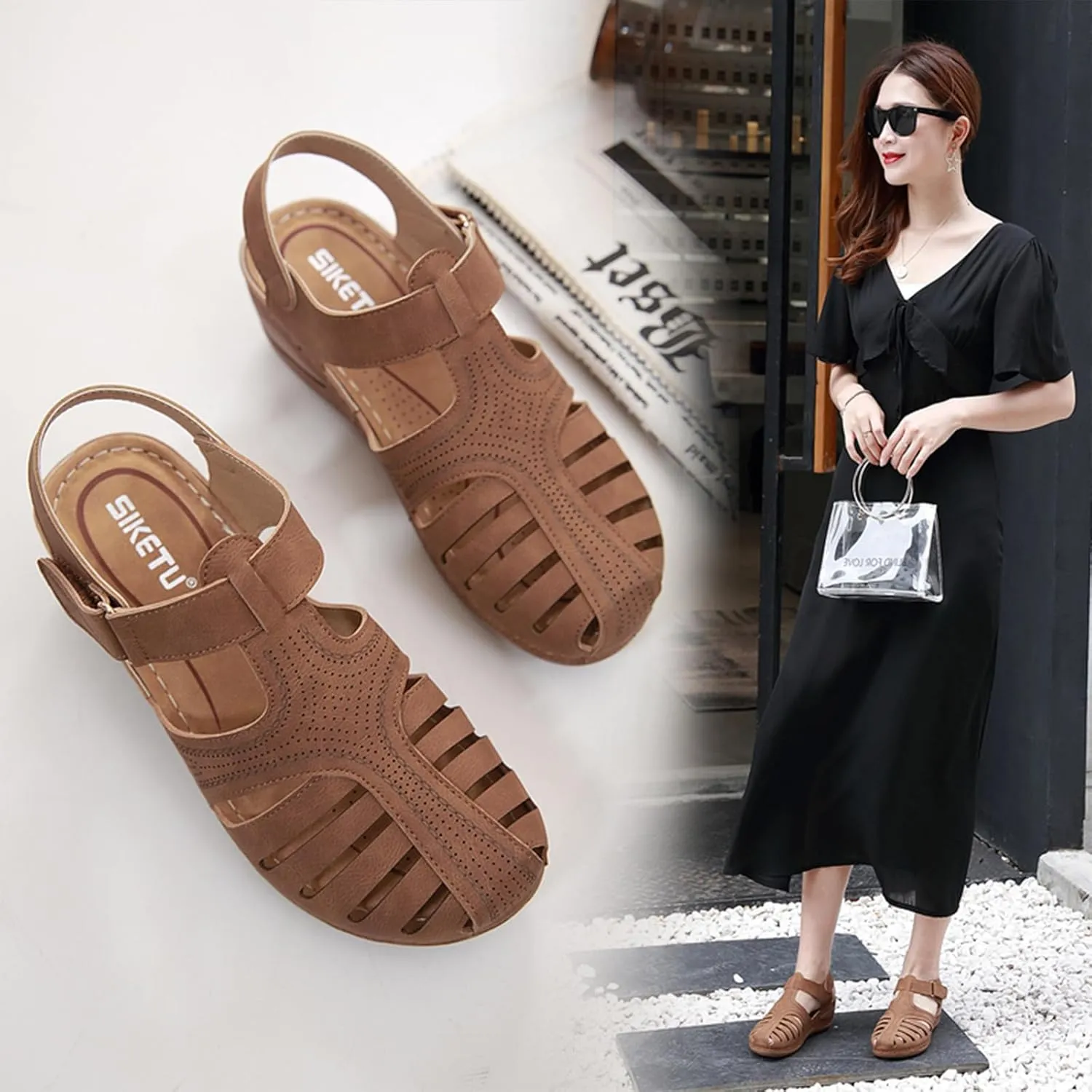 Women's Retro Gladiator Wedge Sandals - Closed Round Toe Hollow Platform Sandals with Ankle Strap Anti-Slip Sole | Comfortable Bohemian Style for Casual Outdoor Wear