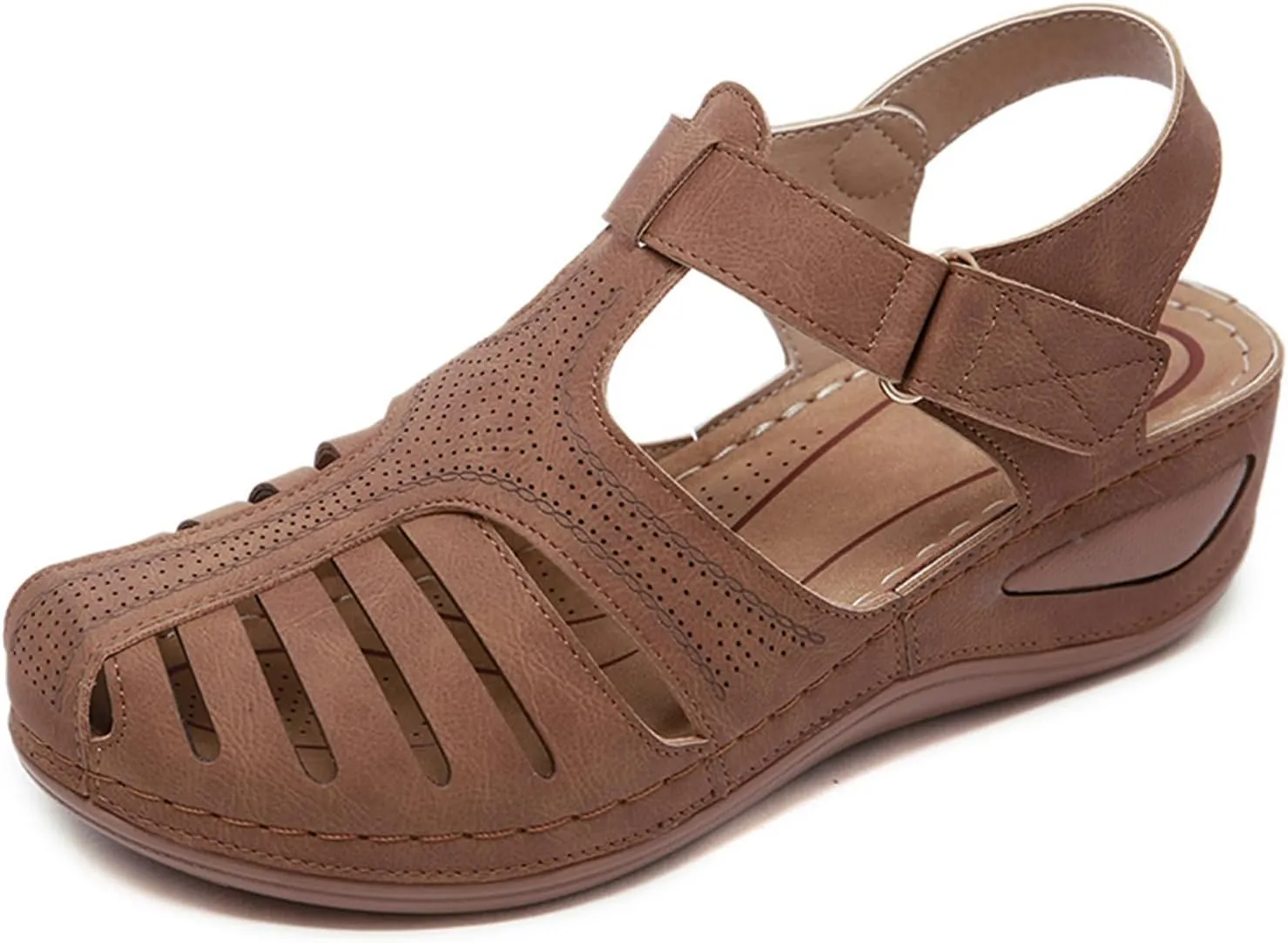 Women's Retro Gladiator Wedge Sandals - Closed Round Toe Hollow Platform Sandals with Ankle Strap Anti-Slip Sole | Comfortable Bohemian Style for Casual Outdoor Wear