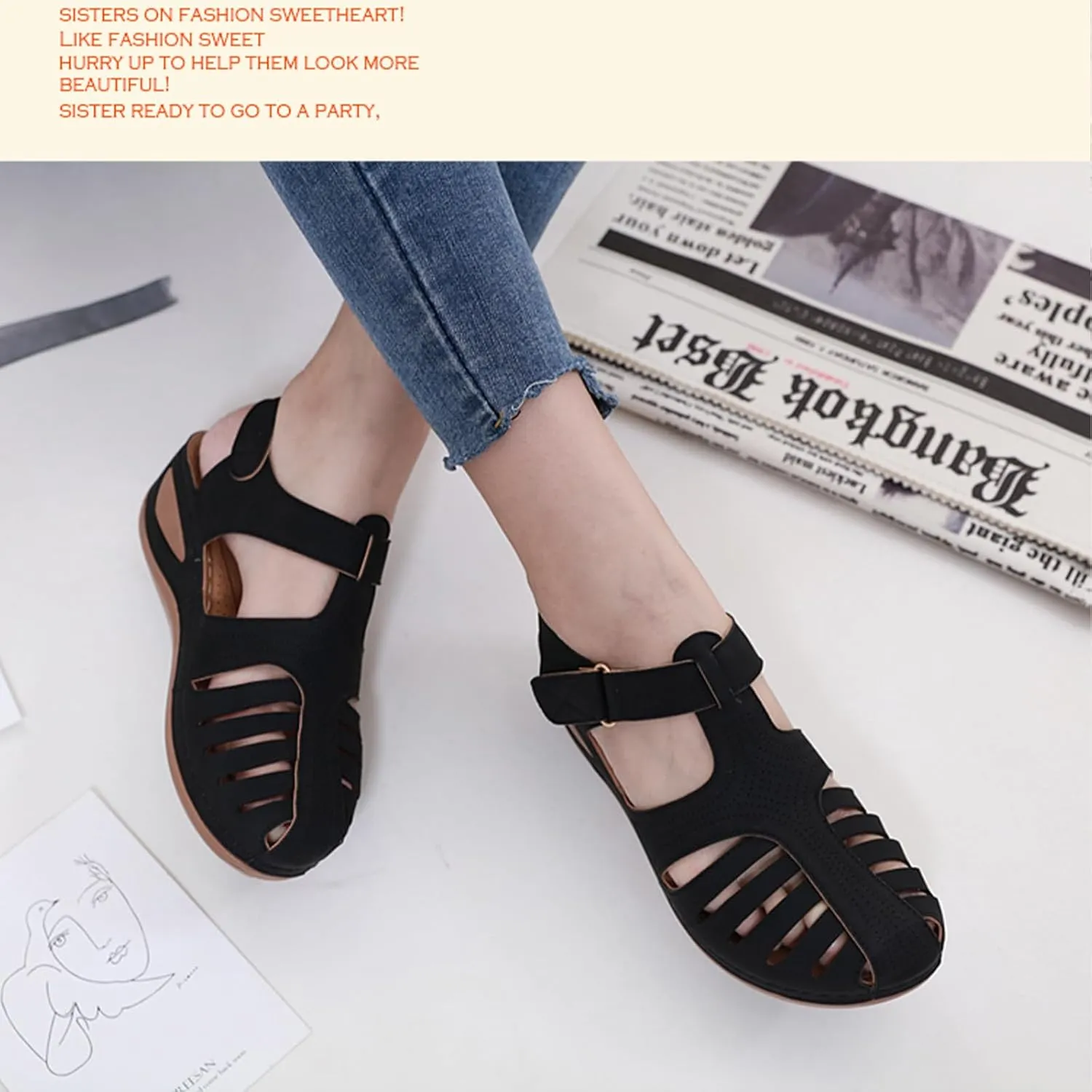 Women's Retro Gladiator Wedge Sandals - Closed Round Toe Hollow Platform Sandals with Ankle Strap Anti-Slip Sole | Comfortable Bohemian Style for Casual Outdoor Wear