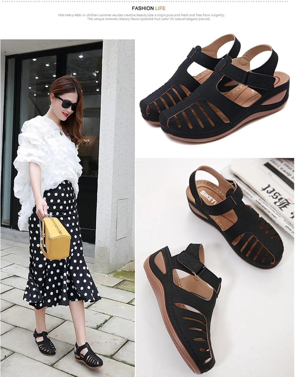 Women's Retro Gladiator Wedge Sandals - Closed Round Toe Hollow Platform Sandals with Ankle Strap Anti-Slip Sole | Comfortable Bohemian Style for Casual Outdoor Wear