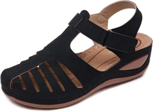 Women's Retro Gladiator Wedge Sandals - Closed Round Toe Hollow Platform Sandals with Ankle Strap Anti-Slip Sole | Comfortable Bohemian Style for Casual Outdoor Wear