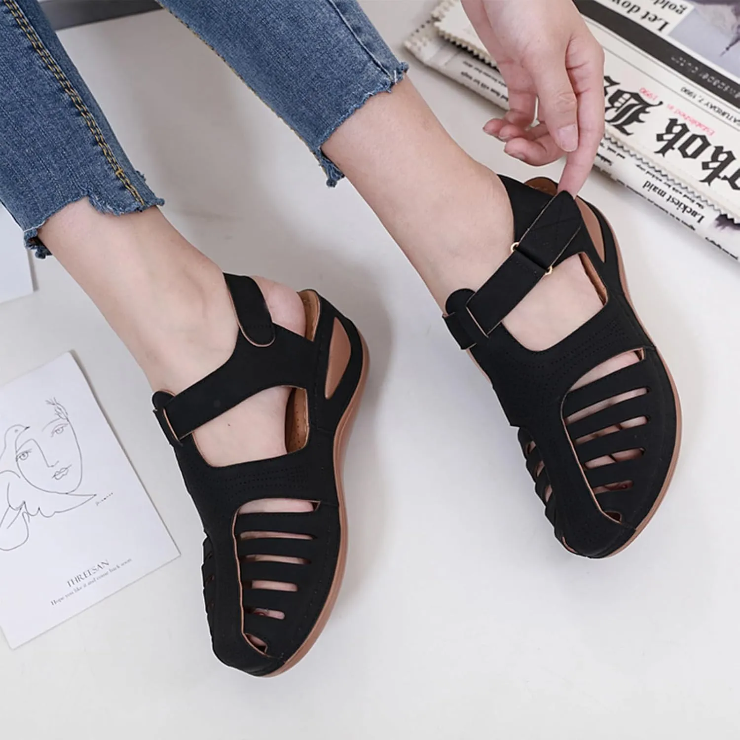 Women's Retro Gladiator Wedge Sandals - Closed Round Toe Hollow Platform Sandals with Ankle Strap Anti-Slip Sole | Comfortable Bohemian Style for Casual Outdoor Wear