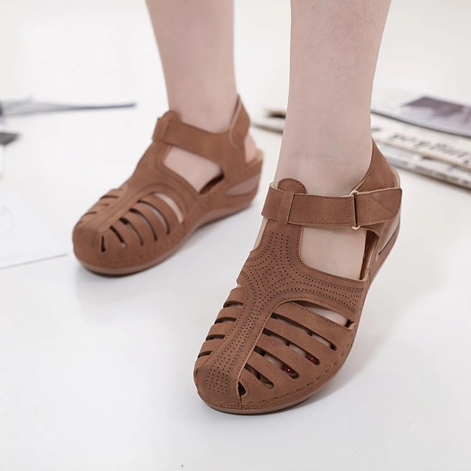 Women's Retro Gladiator Wedge Sandals - Closed Round Toe Hollow Platform Sandals with Ankle Strap Anti-Slip Sole | Comfortable Bohemian Style for Casual Outdoor Wear