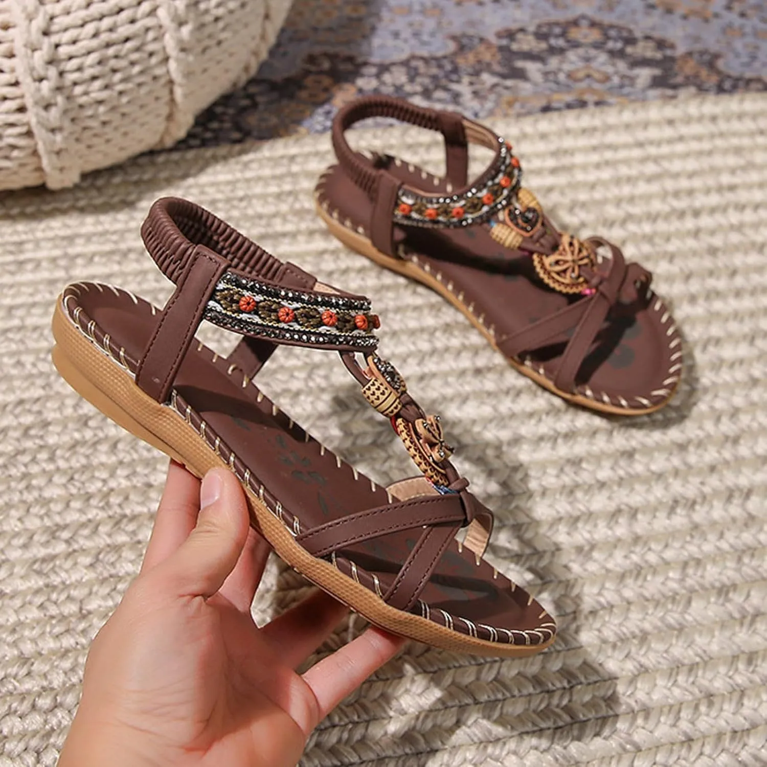 Womens Sandals Comfortable Dressy,Retro Braided Rope Flats Shoes Arch Support Beach Sandals Slip On Walking Sandals