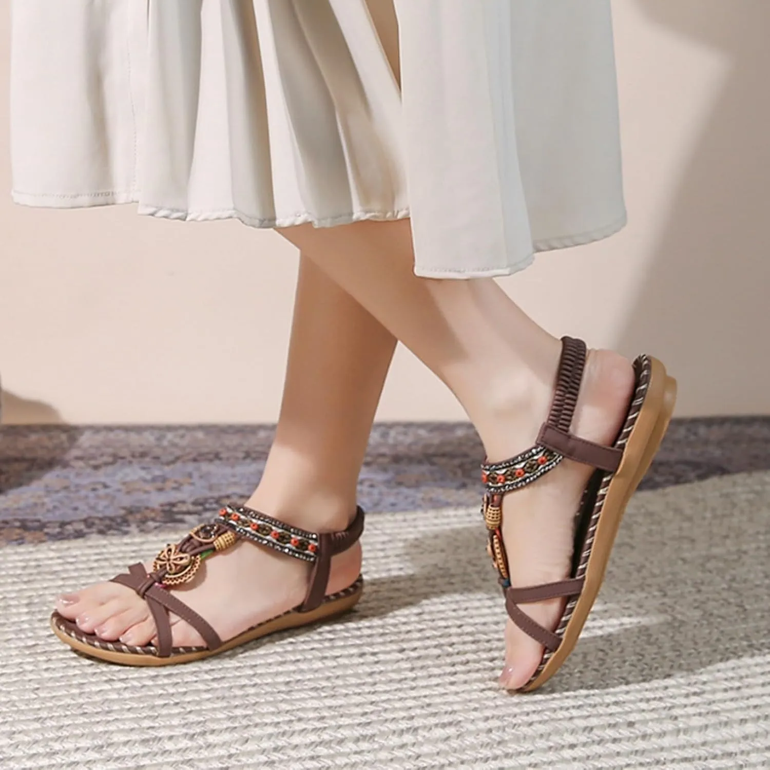 Womens Sandals Comfortable Dressy,Retro Braided Rope Flats Shoes Arch Support Beach Sandals Slip On Walking Sandals