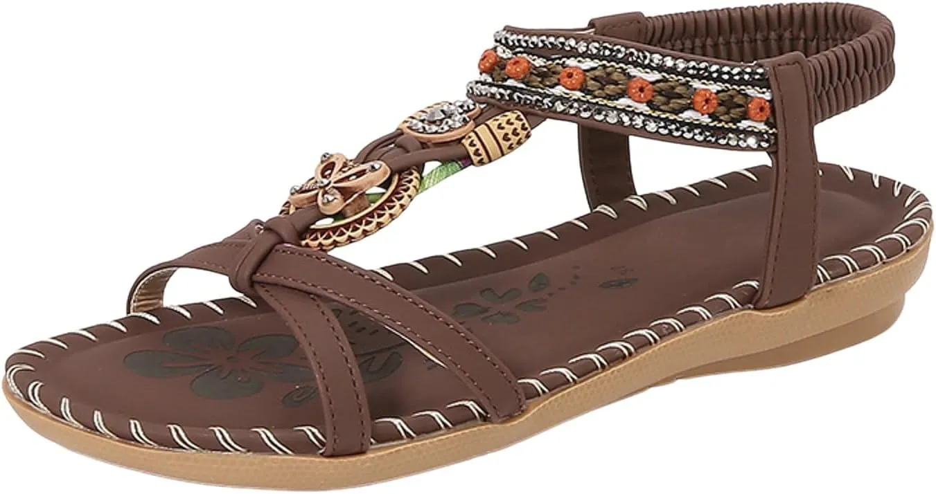 Womens Sandals Comfortable Dressy,Retro Braided Rope Flats Shoes Arch Support Beach Sandals Slip On Walking Sandals