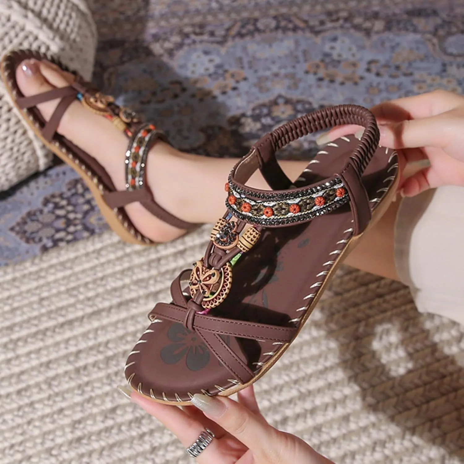 Womens Sandals Comfortable Dressy,Retro Braided Rope Flats Shoes Arch Support Beach Sandals Slip On Walking Sandals