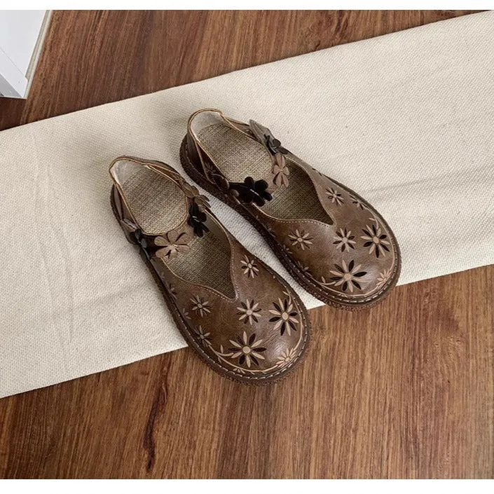 Women's Summer Breathable Flower Hollow Out Flat Literary Style Sandals