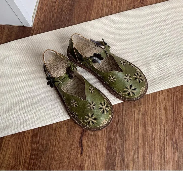 Women's Summer Breathable Flower Hollow Out Flat Literary Style Sandals