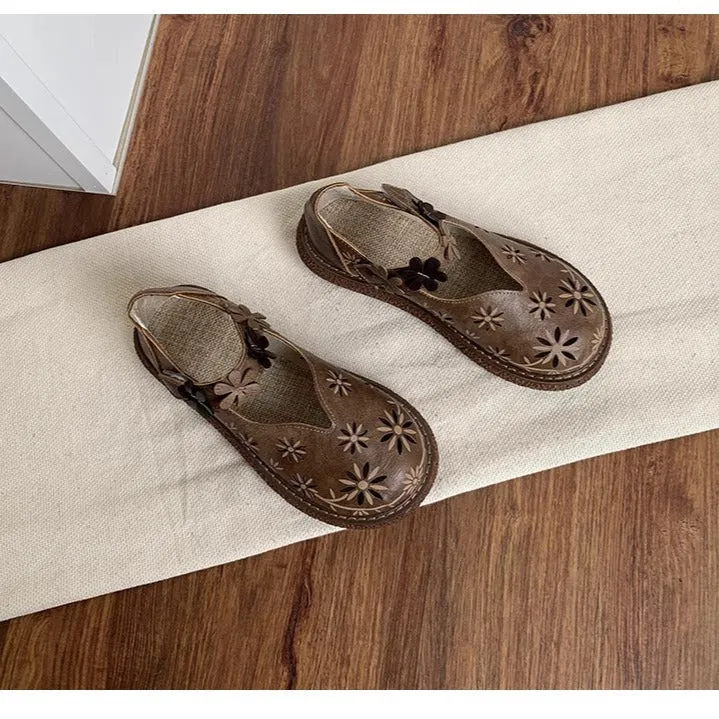 Women's Summer Breathable Flower Hollow Out Flat Literary Style Sandals