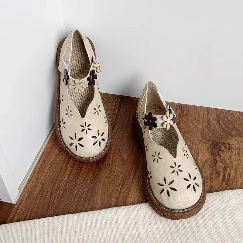 Women's Summer Breathable Flower Hollow Out Flat Literary Style Sandals