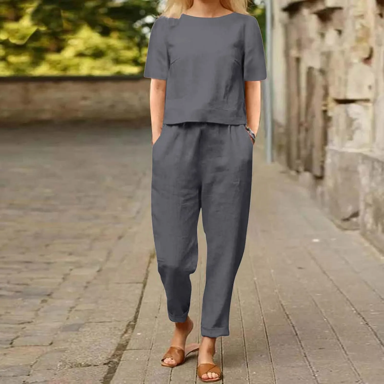 Womens Summer Linen 2 Piece Outfits Beach Vacation Sets Short Sleeve Crop Top Straight Leg Pants Tracksuit Matching Set