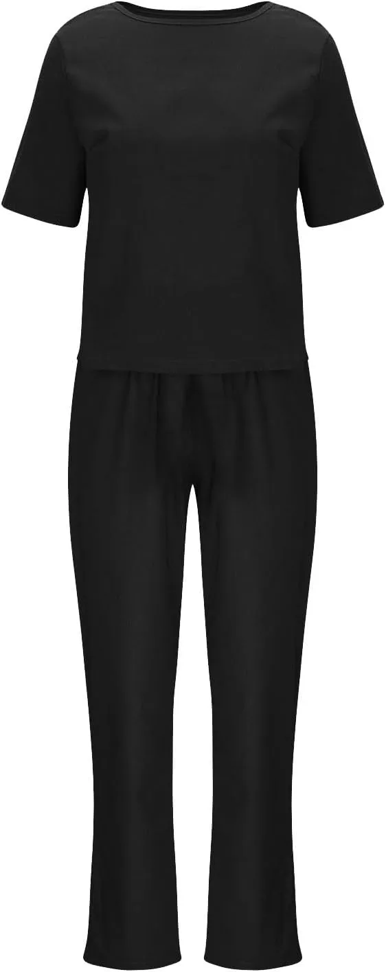 Womens Summer Linen 2 Piece Outfits Beach Vacation Sets Short Sleeve Crop Top Straight Leg Pants Tracksuit Matching Set