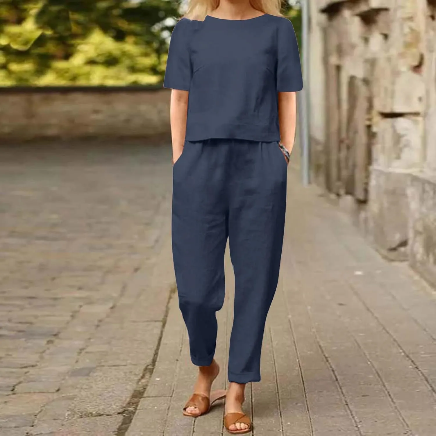 Womens Summer Linen 2 Piece Outfits Beach Vacation Sets Short Sleeve Crop Top Straight Leg Pants Tracksuit Matching Set