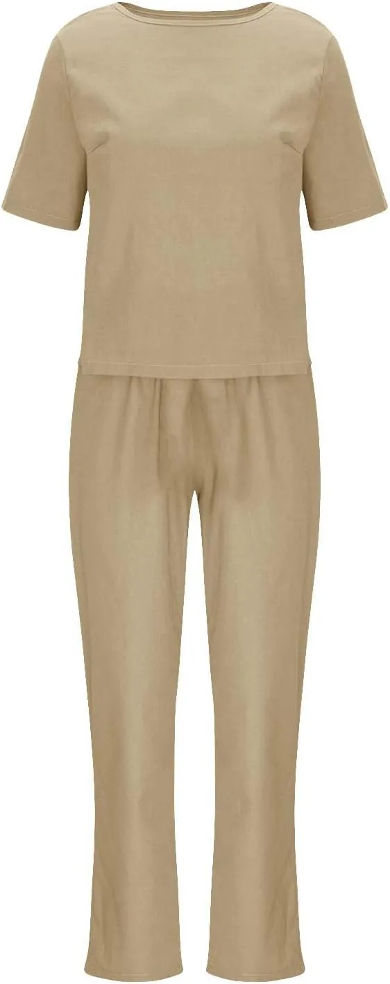 Womens Summer Linen 2 Piece Outfits Beach Vacation Sets Short Sleeve Crop Top Straight Leg Pants Tracksuit Matching Set