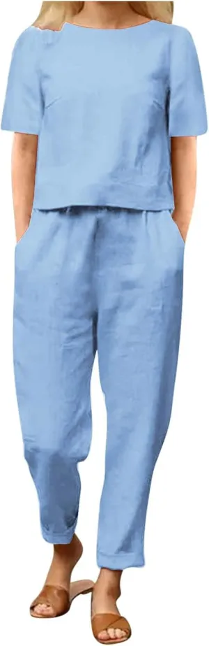 Womens Summer Linen 2 Piece Outfits Beach Vacation Sets Short Sleeve Crop Top Straight Leg Pants Tracksuit Matching Set