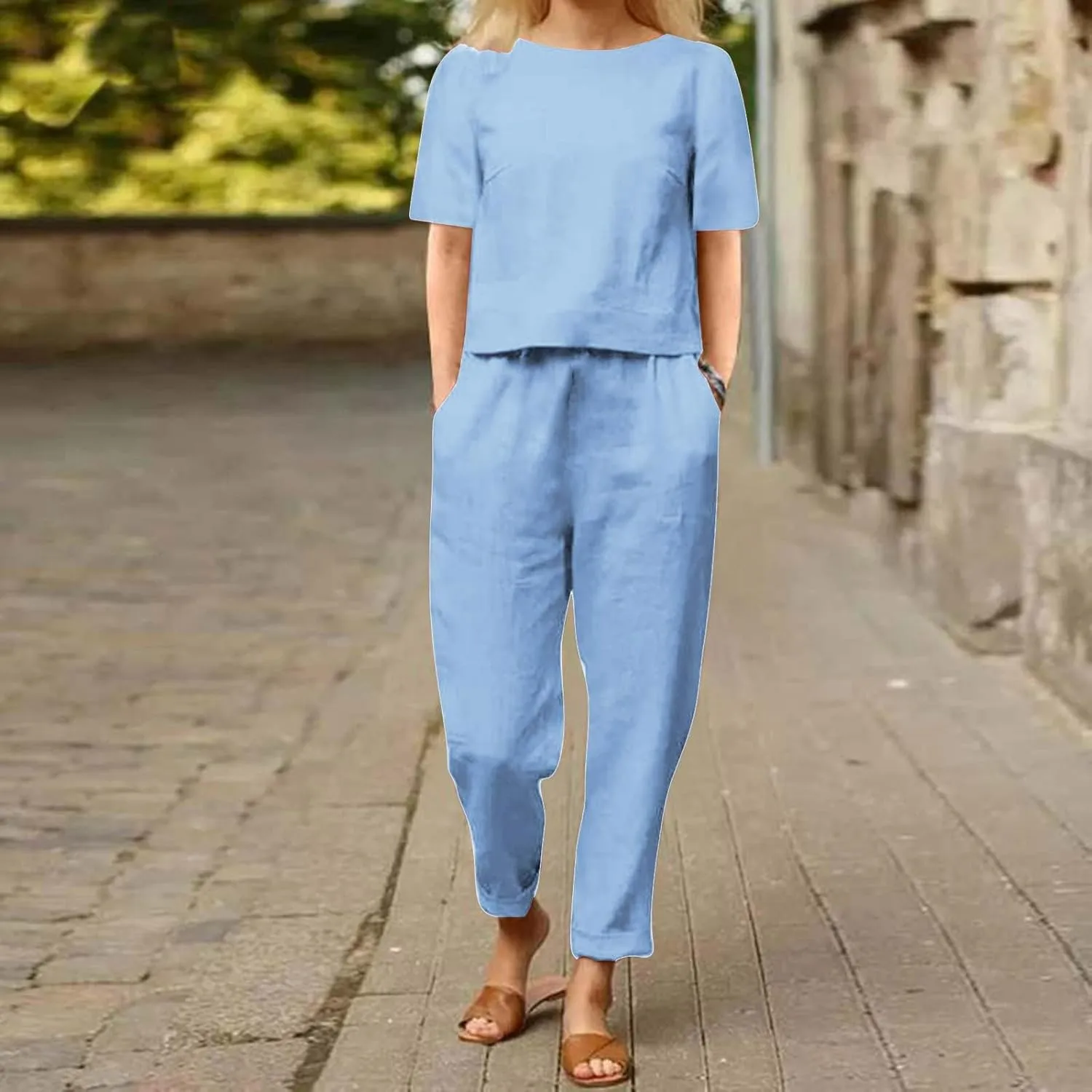 Womens Summer Linen 2 Piece Outfits Beach Vacation Sets Short Sleeve Crop Top Straight Leg Pants Tracksuit Matching Set