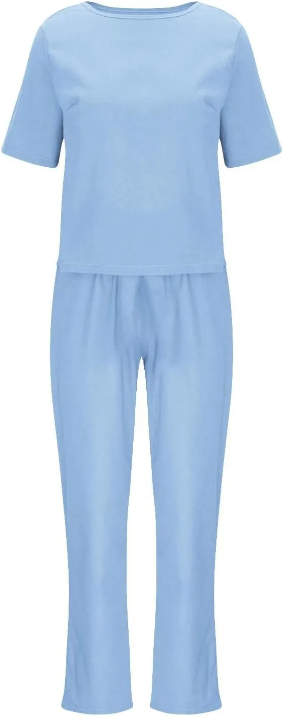 Womens Summer Linen 2 Piece Outfits Beach Vacation Sets Short Sleeve Crop Top Straight Leg Pants Tracksuit Matching Set