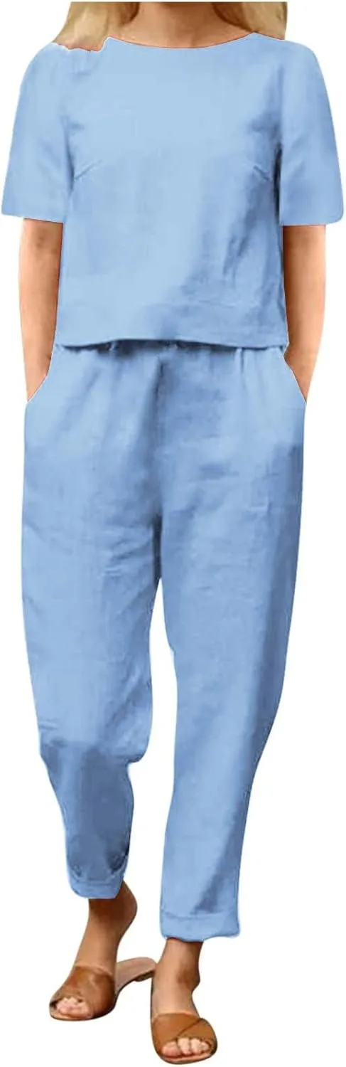 Womens Summer Linen 2 Piece Outfits Beach Vacation Sets Short Sleeve Crop Top Straight Leg Pants Tracksuit Matching Set