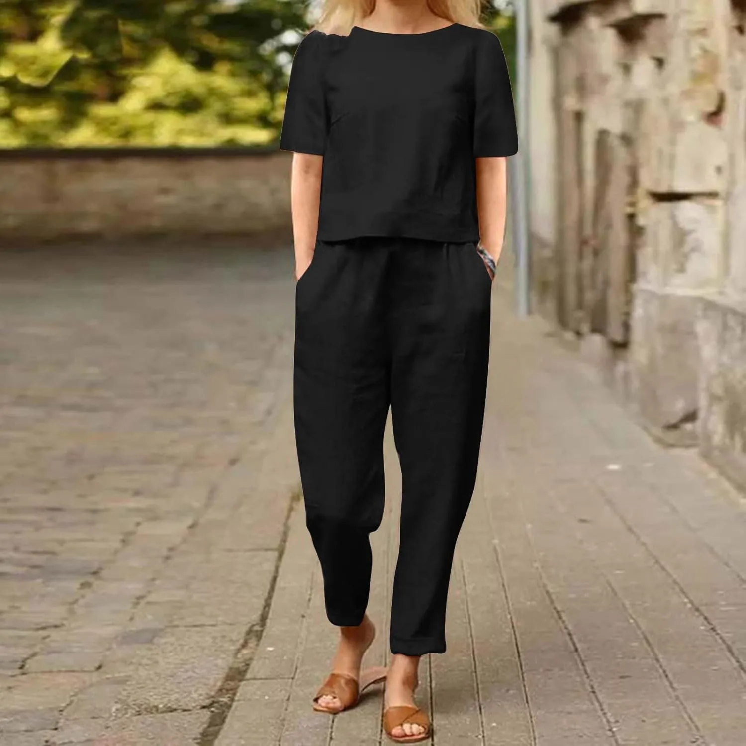 Womens Summer Linen 2 Piece Outfits Beach Vacation Sets Short Sleeve Crop Top Straight Leg Pants Tracksuit Matching Set