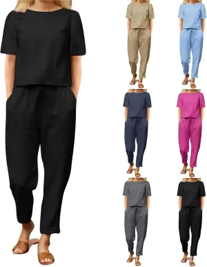 Womens Summer Linen 2 Piece Outfits Beach Vacation Sets Short Sleeve Crop Top Straight Leg Pants Tracksuit Matching Set