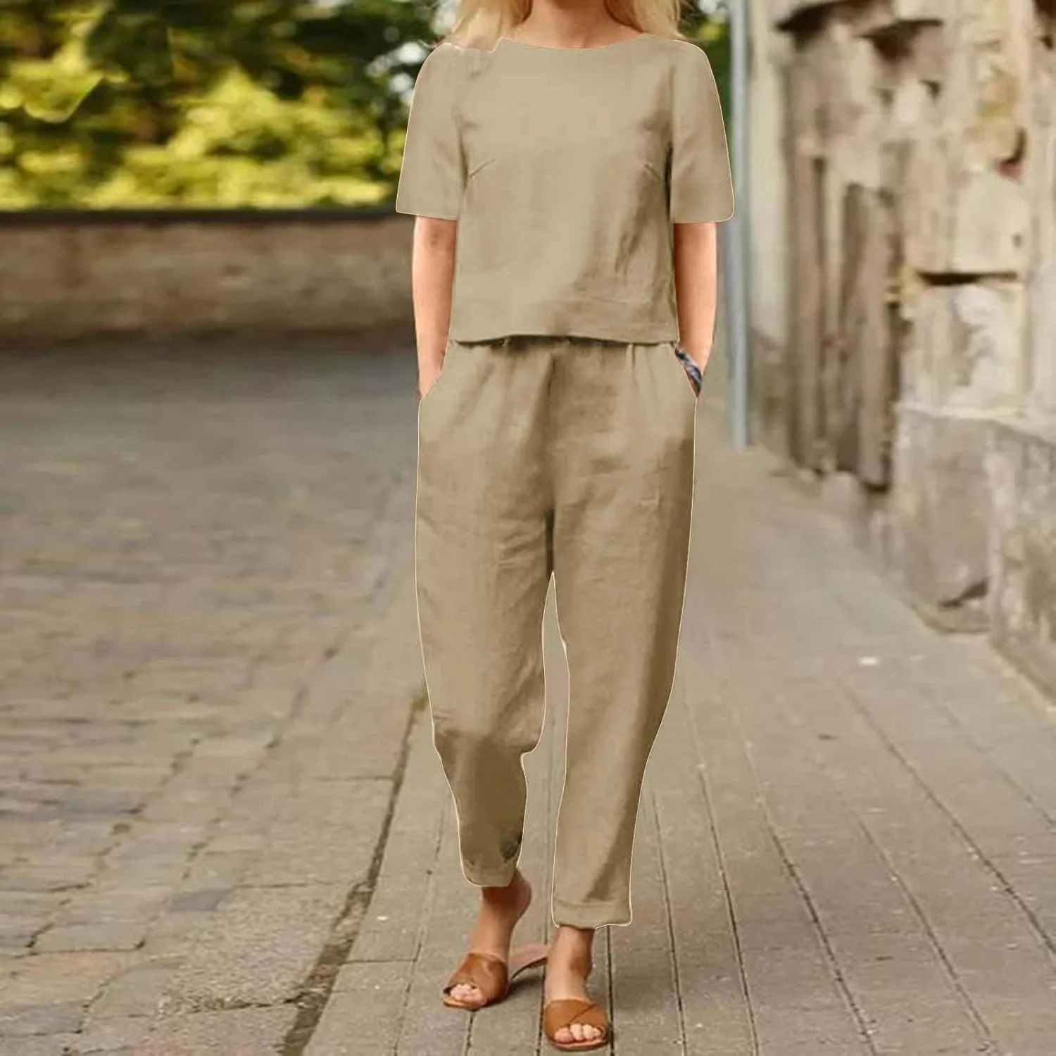 Womens Summer Linen 2 Piece Outfits Beach Vacation Sets Short Sleeve Crop Top Straight Leg Pants Tracksuit Matching Set