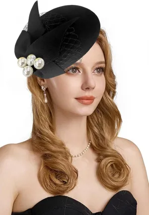Women's Vintage 100% Wool Felt Cloche Bucket Bowler Hat Winter Vintage Bow Fedoras Church Derby Fascinator Hat