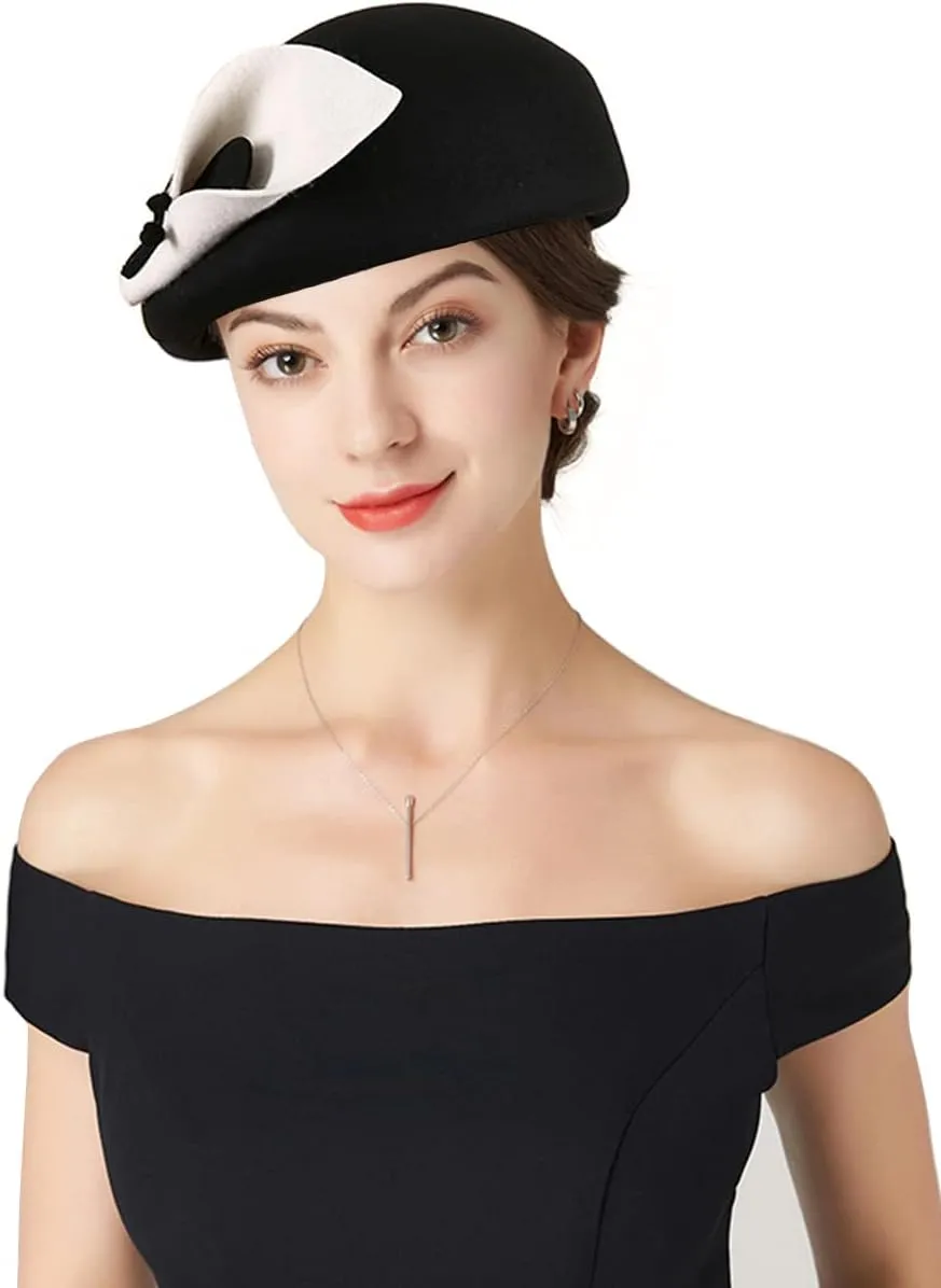 Women's Vintage 100% Wool Felt Cloche Bucket Bowler Hat Winter Vintage Bow Fedoras Church Derby Fascinator Hat