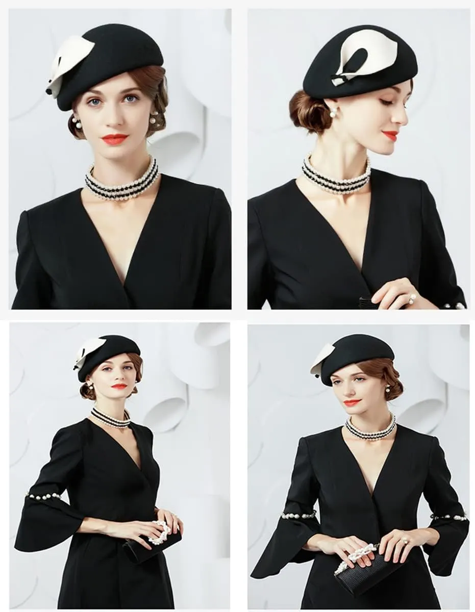 Women's Vintage 100% Wool Felt Cloche Bucket Bowler Hat Winter Vintage Bow Fedoras Church Derby Fascinator Hat