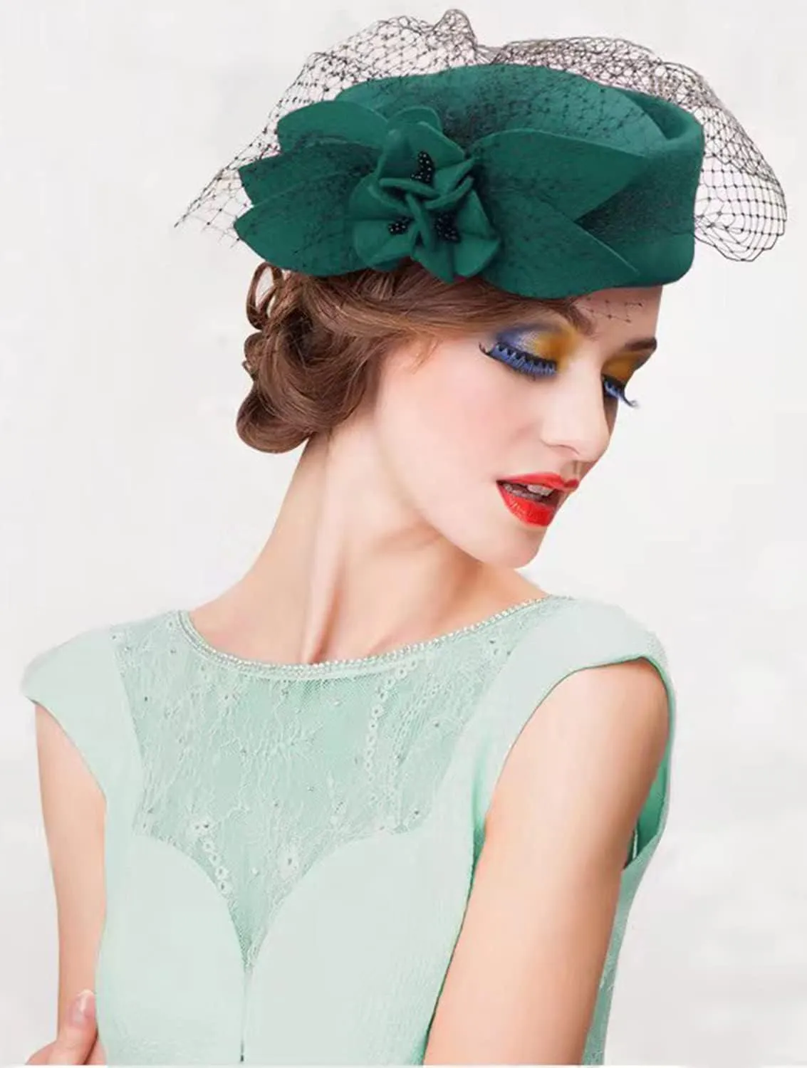 Women's Vintage 100% Wool Felt Cloche Bucket Bowler Hat Winter Vintage Bow Fedoras Church Fascinator