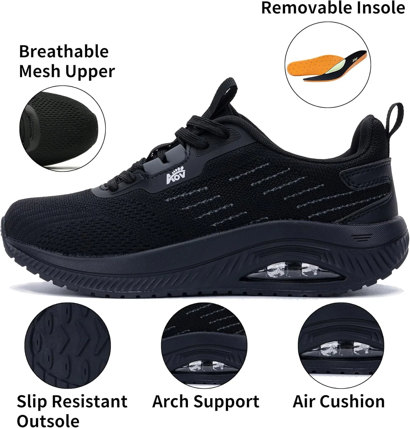 Women's Walking Shoes with Arch Support Orthotic Sneakers for Plantar Fasciitis Heel and Foot Pain Relief Tennis AllBlack Size 5.5