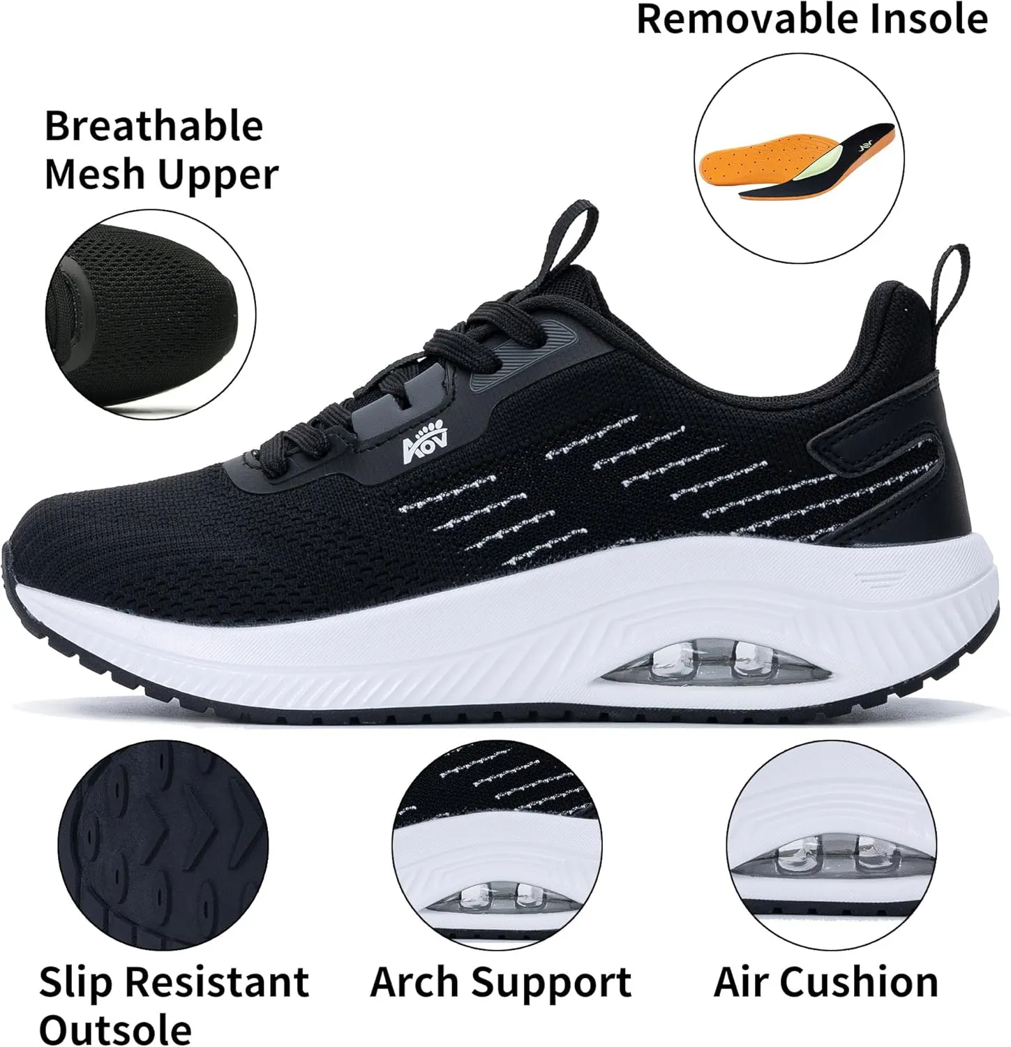 Women's Walking Shoes with Arch Support Orthotic Sneakers for Plantar Fasciitis Heel and Foot Pain Relief Tennis WhiteBlack Size 9