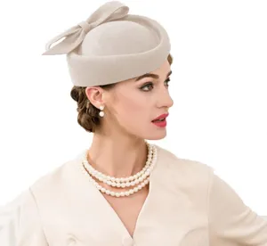 Wool Felt Vintage Fascinator Winter Women Elegant Pillbox Hat Bowknot Derby Church Hat Retro Fedoras