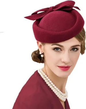 Wool Felt Vintage Fascinator Winter Women Elegant Pillbox Hat Bowknot Derby Church Hat Retro Fedoras