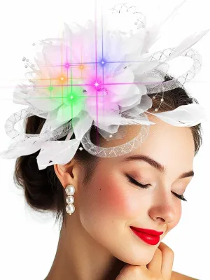Yokawe Light Up Fascinator Derby Tea Party Hats Feather Hat Hair Clip Set for Women (White)