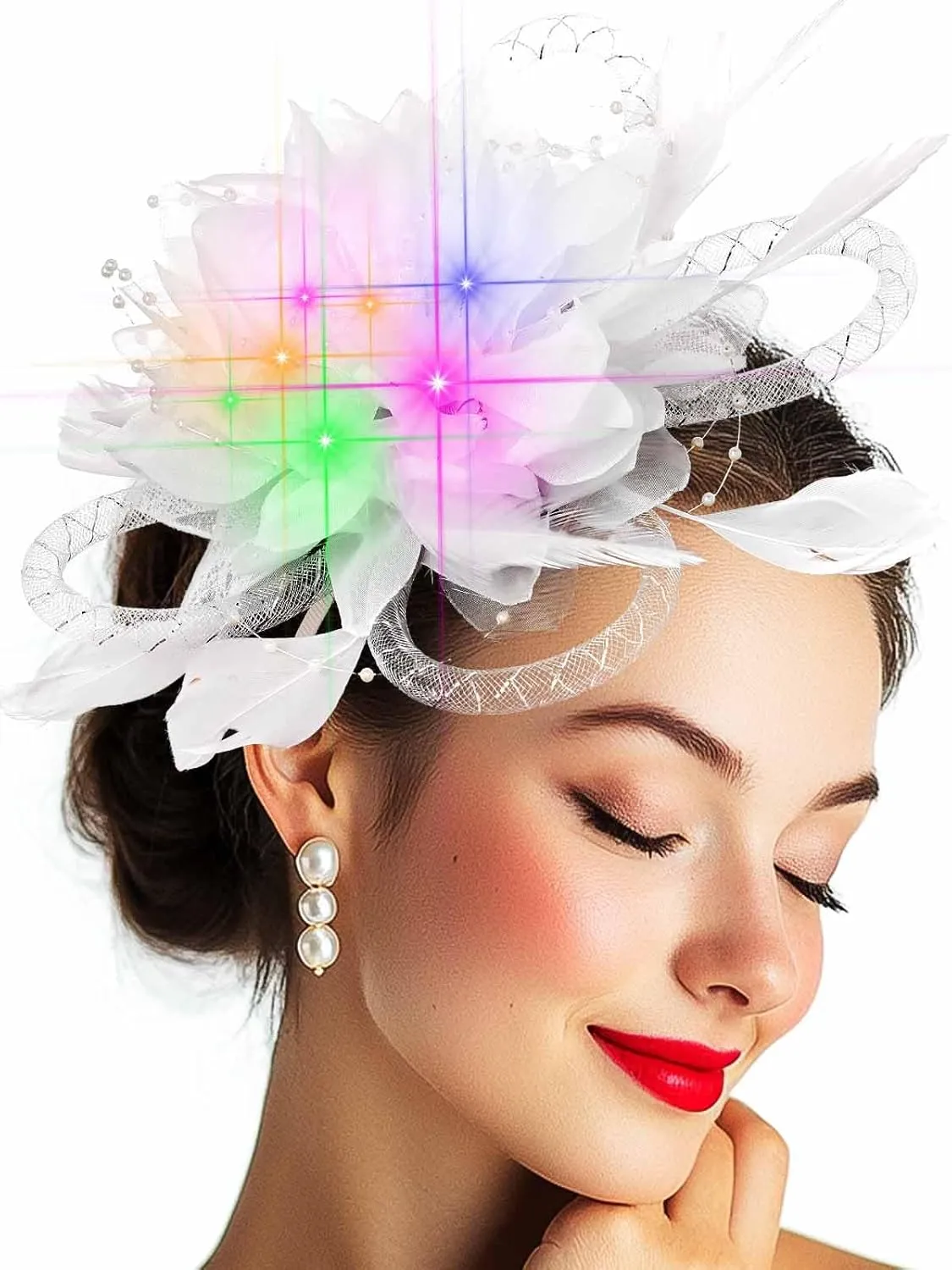 Yokawe Light Up Fascinator Derby Tea Party Hats Feather Hat Hair Clip Set for Women (White)
